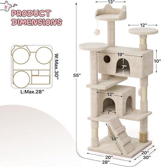 MoNiBloom 54 Inch Cat Tree Tower for Indoor Cats Large Adults, Cat Tower with Scratching Post, Multi-Level Furniture Activity Center with Cat Condo Pet Play House, Beige