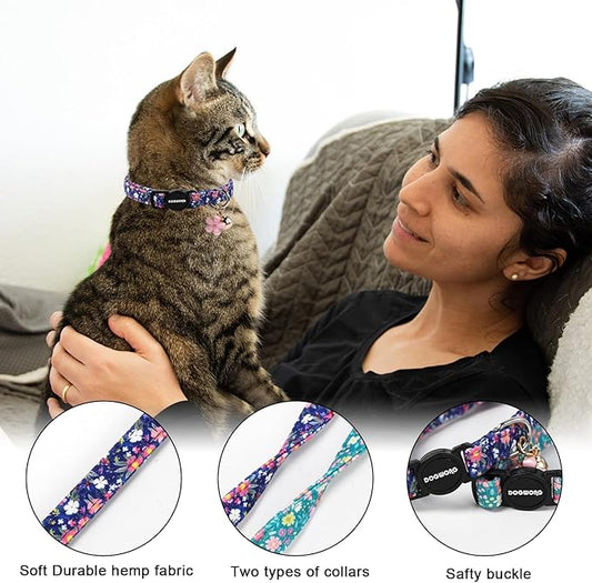 2 Pack Green Flower Cat Collars Breakaway with Bell, DOGWONG Safety Buckle Blue Floral Cute Cat Collar for Girl Boy Cats,Adjustable 7-12 Inch