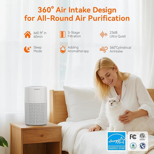 AIRROMI Pets Air Purifier for Home Allergies,Up to 660 ft². HEPA Deodorizing Activated Carbon Filter,With Fragrance Sponge for Better Sleep,Night Light,Pet Dander,Smoke,Odors,Air Cleaner A2002 White