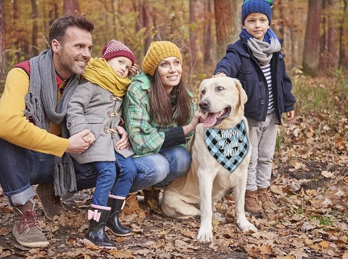Dog Bandana for Happy Birthday Mom - Classical Plaid Printing Scarf Accessories, Pet Gift for Mom's Birthday Party (L16)