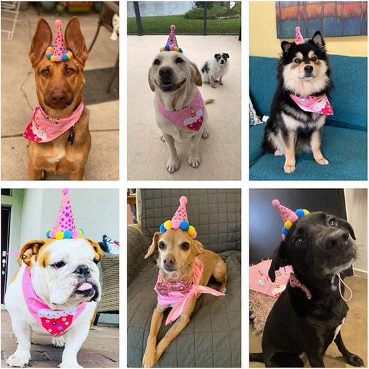 ADOGGYGO Dog Birthday Bandana Scarf and Dog Girl Birthday Party Hat with Cute Bow Tie for Medium Large Dog Pet (Large)