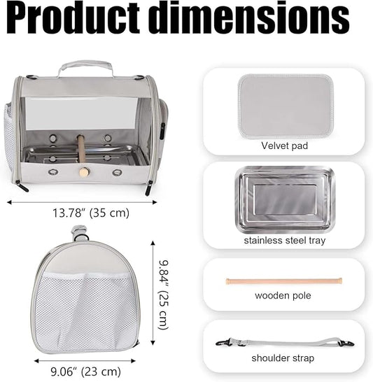 Small Bird Travel Carrier Cage for Long Tail BirdCockatiel Parakeet Parrot, Includes Metal Tray Soft Mat and Wooden Standing Perch, Hands Free Lightweight Clear 2 Windows