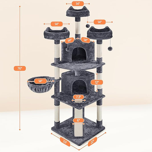 Yaheetech 76in Cat Tree Multi-Level Cat Tower with Large Cat Condo&Cozy Perches Stable Pet Play House w/Sisal-Covered Scratching Posts&Board for Indoor Cats, Dark Gray