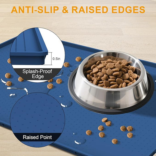 Mofason Pet Food Mat Waterproof Dog Mat 24”x16” Large – 0.5” inch Raised Edge, Pet Cat Silicone Feeding Placemat Water Bowl Tray for Floors, Nonslip Washable Dog Mat for Food and Water
