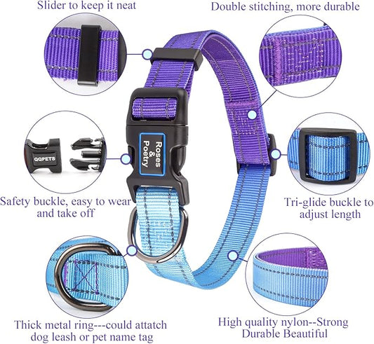 Roses&Poetry Reflective Dog Collar with Gradient Violet, Adjustable Durable Pet Collars for Small Medium Large Dogs (Violet-M)