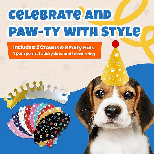 Dog Birthday Party Hat Set, Reusable & Adorable Kitty/Doggy Birthday Celebration Accessories, 1 Pack (9 Pet Hats & 2 Crowns) - Dirty Dog Goods