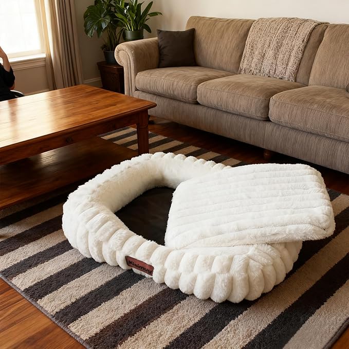 Cute Washable Dog Bed for Small Medium Dogs, Orthopedic Plush Rectangle Anti-Anxiety Dog Bed, Medium Calming Bolster Puppy Bed with Durable Removable Zipper Cover&Anti-Silp Bottom, 30in, Cream