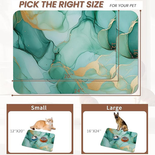 Marble Dog Food Mat for Floors,Green Gold Flowing Marble Absorbent Quick-Dry Pet Feeding Mat,Cat Dog Bowl Mats for Food and Water,Non-Slip Pet Accessories Supplies 16"x24"