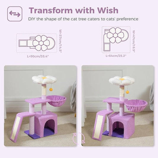 PETEPELA Flower Cat Tree for Indoor Cats, 32'' Small Cat Tower Cat Condo with Sisal Scratching Ramp, Cozy Hammock and Removable Flower Bed Perch for Kittens, Purple