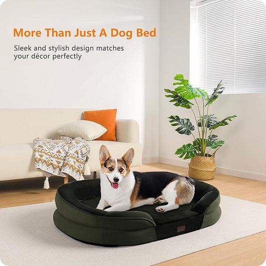 Dwanton Orthopedic Dog Bed for Medium Dogs with Gel Memory Foam, Waterproof Dog Sofa, Washable Pet Bed with Four Sided Bolster Cushion, Removable Cover & Non-Slip Bottom, 35", Green