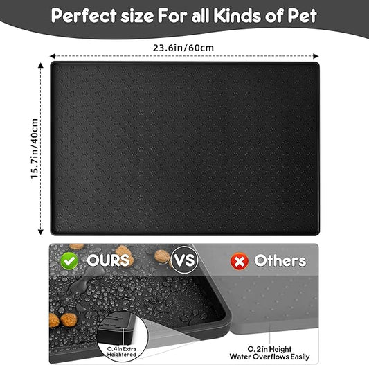 Silicone Dog Dish Mat for Food and Water - 23.6" *15.7" Waterproof Slip Pet Feeding Mat with Raised Edges to Prevent Messes on Floor (Black)