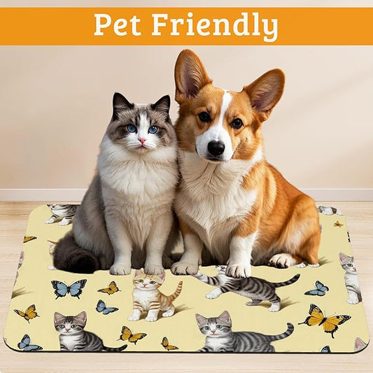 Dog Bowl Mat,Cute Cats Pet Feeding Mat for Floors Waterproof,Butterfly Absorbent Dogs Placemat for Food and Water Quick Dry Pet Cat Feeding Mats with Non Slip Bottom 16" x 24"