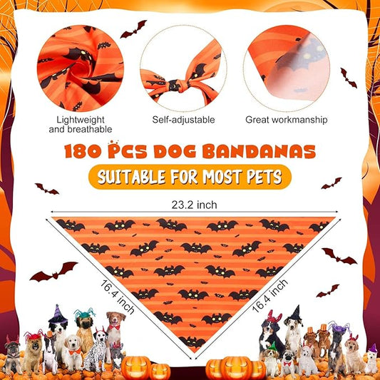 Aliceset 180 Pcs Halloween Dog Bandanas Bulk Halloween Bandana for Dog Adjustable Washable Pet Triangle Scarf Cute Kerchief Scarves for Pet Holiday Party Costume Photo Props Accessories Decorations