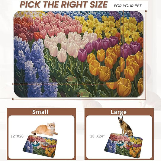 Tulip Lavender Pet Feeding Mat,Vintage Flower Fields Absorbent Quick-Dry Cat Dog Food and Water Bowl Mats,Non-Slip Rubber Backing Mat,Cat Dog Accessories Supplies 12"x20"