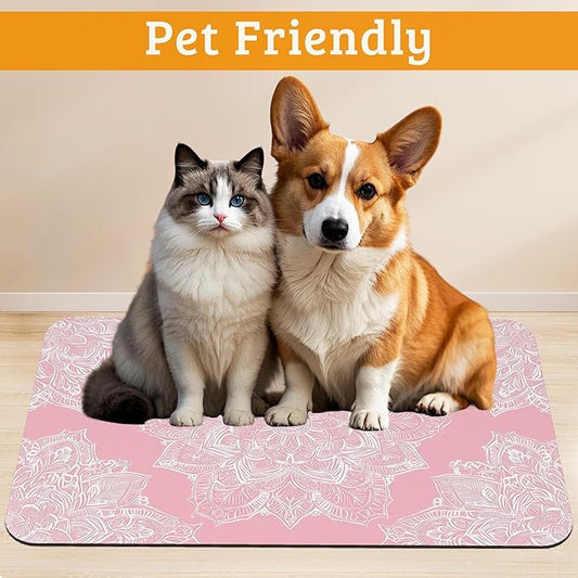 Pet Feeding Mat,Boho Mandala Absorbent Dog Cat Food Mat Pink Flower Dog Mat with Rubber Backing,Non-Slip Water Bowl Placemat,Pet Supplies 16" x 24"