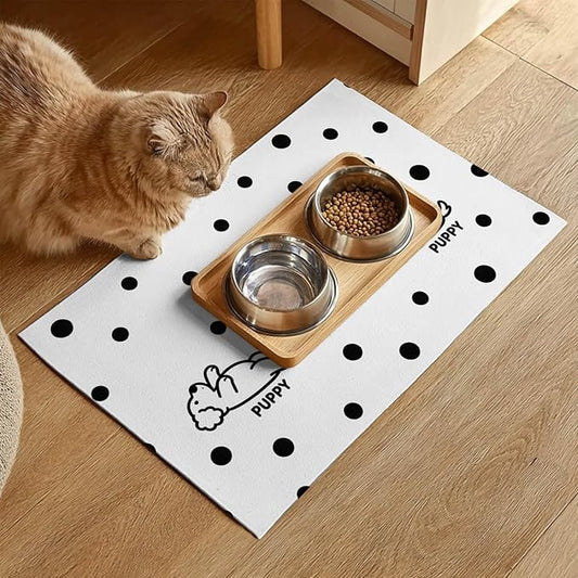 Puppy Pattern Pet Feeding Mat 24x16 Inch Polka Dot Pet Feeding Area Mat Pet Food Mat Pet Mats for Food and Water Dog Mat for Food and Water Indoor Feeding Corner Kitchen Floor Decor