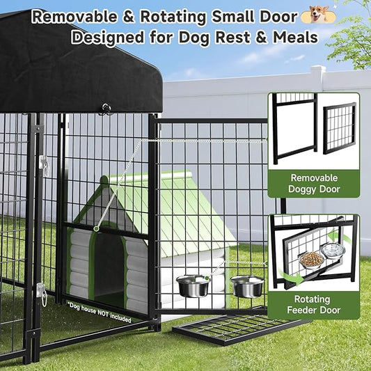 Dog Kennel Outdoor, Outside Dog Kennel with Roof & Swivel Feeders/Removable Doggy Door Allow Connecting Your Dog House, Heavy Duty Dog Run Pen Yard for Medium/Large Dogs (5'L x 5'W x 5'H)