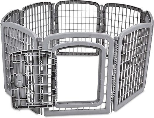 Amazon Basics 8-Panel Octagonal Plastic Dog Playpen, Indoor/Outdoor Pet Fence with Gate, Exercise Pen for Puppies and Small Animals, 28 inches, Grey