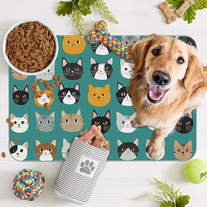 Cute Cat Dog Food Mat,Absorbent Pet Feeding Mat with Rubber Backing,Non-Slip Water Bowl Placemat,Indoor Pet Accessories Supplies 12"x20"
