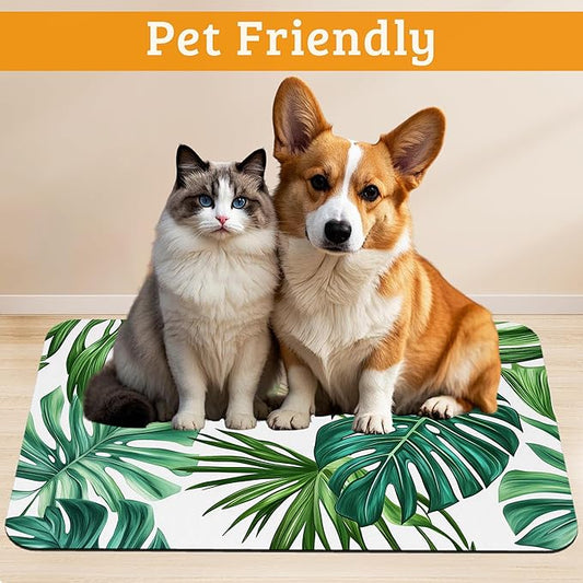 Dog Bowl Mat,Leaves Pet Feeding Mat for Floors Waterproof,Tropical Palm Absorbent Dogs Placemat for Food and Water Quick Dry Pet Cat Feeding Mats with Non Slip Bottom 16" x 24"