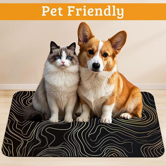Dog Bowl Mat,Abstract Map Pet Feeding Mat for Floors Waterproof,Golden Lines Texture Absorbent Dogs Placemat for Food and Water Quick Dry Pet Cat Feeding Mats with Non Slip Bottom 16" x 24"