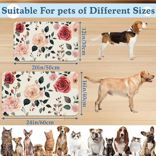Pink Flower Leaf Pet Feeding Mat–Christmas Stocking Quick Dry Absorbent Dog Cat Food Mat, Non Slip Waterproof Bowl Placemat for Messy Eaters, Pet Accessories for Floors 16"x24"