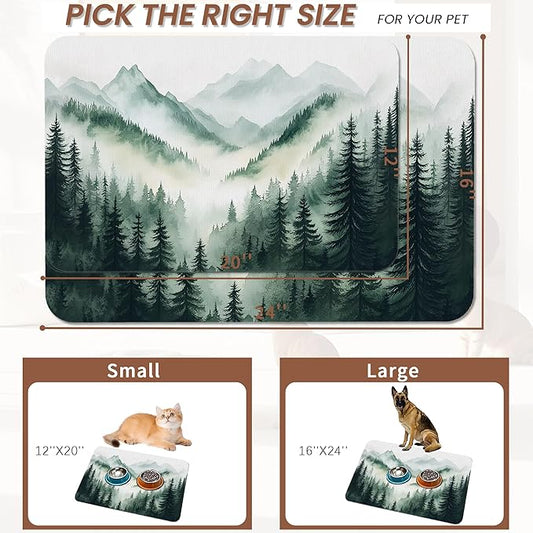 Misty Forest Mountain Dog Food Mat for Floors,Absorbent Quick-Dry Pet Feeding Mat,Cat Dog Bowl Mats for Food and Water,Non-Slip Pet Accessories Supplies 12"x20"