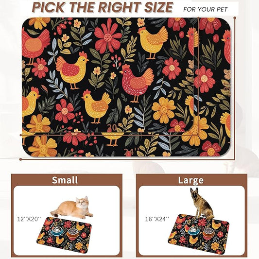 Chicken Rooster Hen Flower Meadow Dog Cat Food Mat,Absorbent Pet Feeding Mat with Rubber Backing,Non-Slip Water Bowl Placemat,Indoor Pet Accessories Supplies 16"x24"