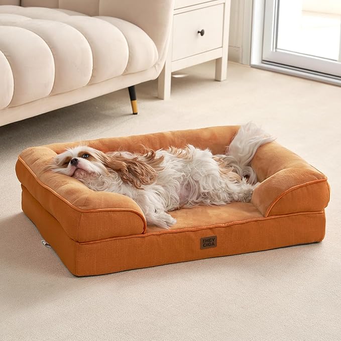 EHEYCIGA Orthopedic Dog Beds for Large Dogs, Waterproof Memory Foam Large Dog Bed with Sides, Non-Slip Bottom and Egg-Crate Foam Pet Couch Bed with Washable Removable Cover,Pumpkin Orange