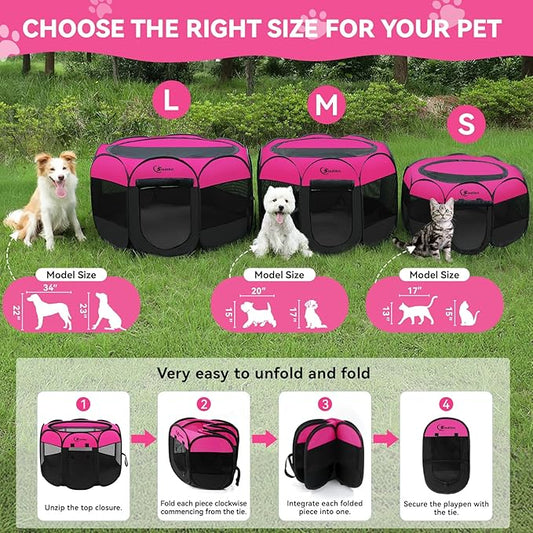 Dog Playpen, Medium Puppy Pet Playpen, Dog Crate Tent Cage Indoor/Outdoor, Portable Pop Up Dogs Kennel Playpen with Carrying Case for Dogs/Cats/Rabbits, Hot Pink