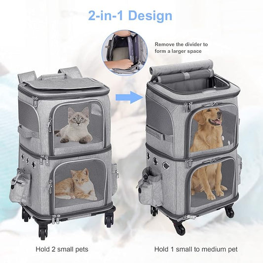 Double-Compartment Pet Carrier Backpack with Wheels for Small Cats and Dogs, Cat Rolling Carrier for 2 Cats, Perfect for Traveling/Taking a Walk/Trips to The Vet, Grey