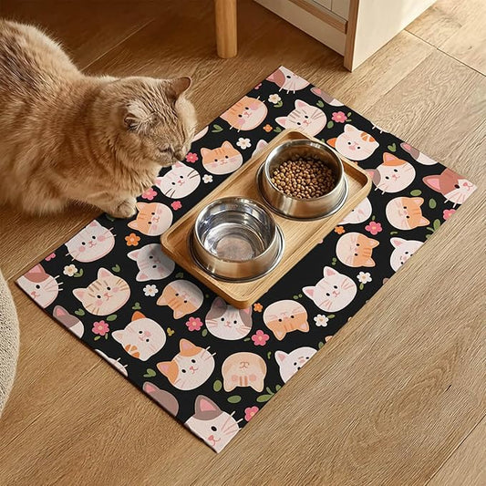 Cat Feeding Mat 24x16 inch Black Kitten Print Pet Bowl Placemat Non Slip Floor Mat for Food and Water Indoor Kitty Feeding Station Cute Meal Pad for Small Pets Kitchen Use