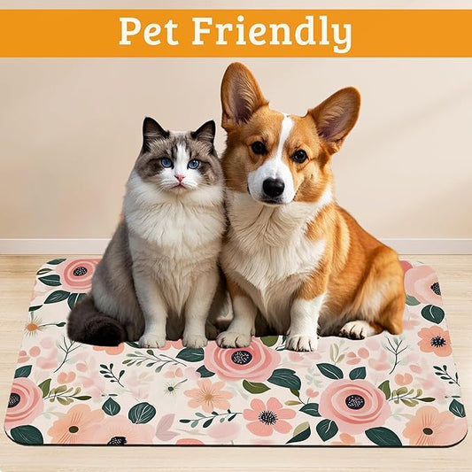 Dog Bowl Mat,Blooming Flowers Pet Feeding Mat for Floors Waterproof,Peonies Roses Absorbent Dogs Placemat for Food and Water Quick Dry Pet Cat Feeding Mats with Non Slip Bottom 12" x 20"