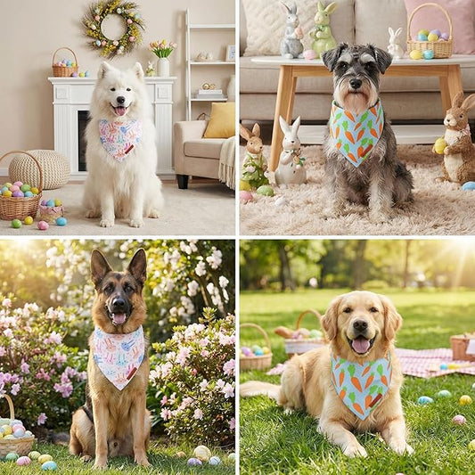 ADOGGYGO Easter Dog Bandanas 2 Pack, Reversible Bunny Carrot Print Puppy Scarf, Premium Fabric, Adjustable Fit Easter Bandana for Small Dogs (Small)