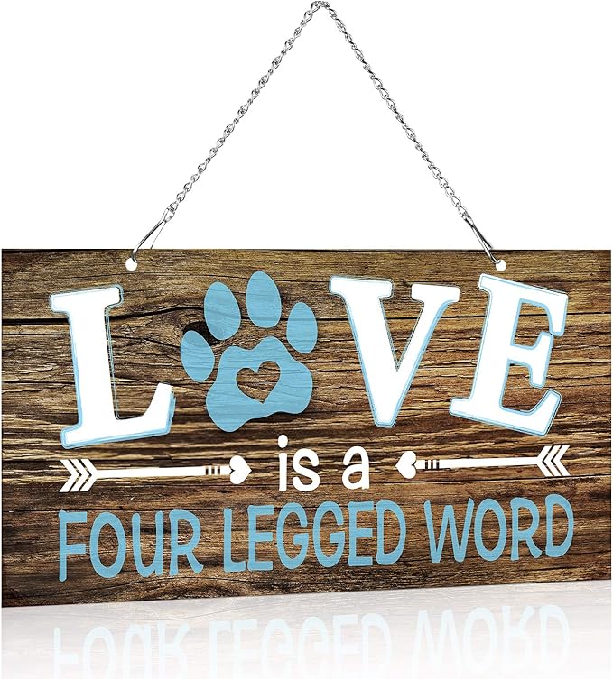 Dog Wall Decor Room Love Is a Four Legged Word Pet Paw Sign Dog Vintage Metal Hanging Decorative Signs Plaque Wall Decorative for Christmas Pet Lover Gifts Thanksgiving(12 x 6 Inch)