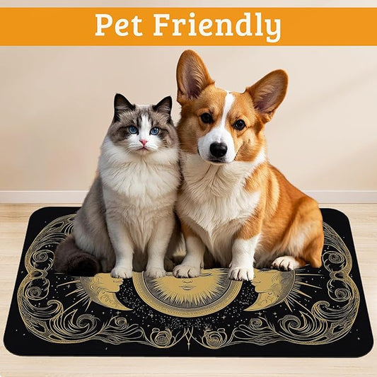 Dog Bowl Mat,Moon Sun Pet Feeding Mat for Floors Waterproof,Boho Vintage Absorbent Dogs Placemat for Food and Water Quick Dry Pet Cat Feeding Mats with Non Slip Bottom 16" x 24"