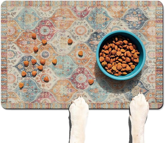 Moroccan Trellis Dog Food & Water Mat, Mexican Talavera Boho Colorful Pet Feeding Mat for Floor Non-Slip Waterproof, Super Absorbent Cat Bowl Mat, Easy to Clean Durable Pet Placemat,16" × 24"