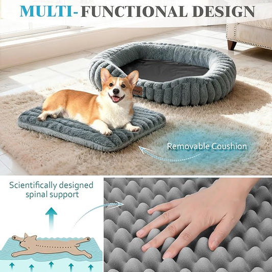 Dog Bed Large Size Dogs Washable Soft Furry Pet Bed, Calming Rectangle Large Dog Bed with Removable Cover & Anti-Slip Bottom, Orthopedic Anti-Anxiety Pet Bed with Handle, 35x27x5 Inches, Grey
