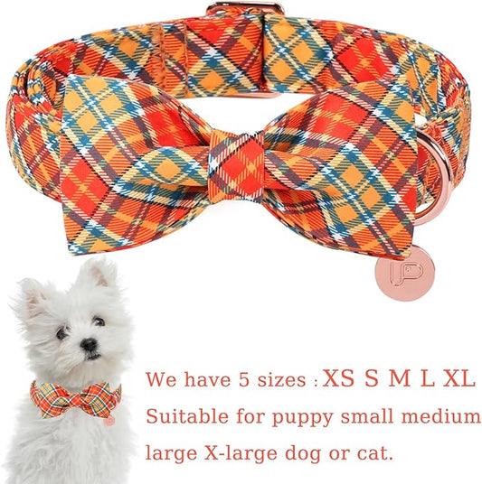 Autumn Plaid Dog Collar and Bow Tie Set – Orange Yellow Checkered Adjustable Fall Collar with Maple Leaf Charm for Small Medium Large Dogs, Soft Cotton Pet Collars with Buckle and D-Ring