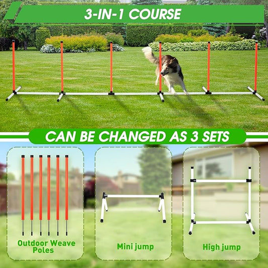 Dog Agility Course Backyard Set, Dog Agility Equipment, Pet obstacle Course Backyard with 6 Dual Mode Weave Poles, 2 Adjustable Hurdle, Jump Ring, Tunnel, Pause Box, Toy Balls and 2 Carrying Bags