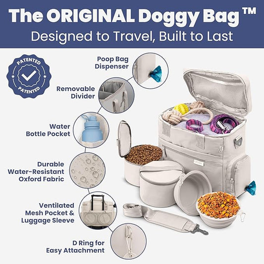 The Original Doggy Bag™ - Complete Dog Travel Bag for Supplies with 2 BPA-Free Travel Dog Bowls & 2 Pet Food Containers - Traveling Kit for Road Trips, Camping, Weekend Away or Doggy Gift: Beige