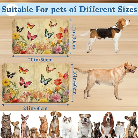 Vintage Butterfly Floral Pet Food Mat for Cats and Dogs–Christmas Stocking Absorbent Quick Dry Feeding Placemat, Non Slip Rubber Base, Waterproof Bowl Mat for Indoor Use, Pet Supplies 16"x24"