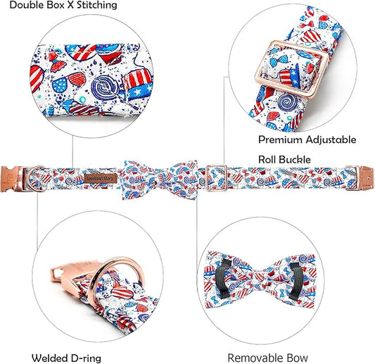 Lionheart glory American Flag Dog Collar, 4 of July Dog Bow Collar Heavy Duty Adjustable Patriotic Dog Collar with Bowtie for Medium Dogs Pet Gift