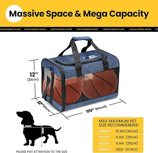 Dog Carrier Soft Sided, Large Cat Carrier with Inner Safety Leash, Pet Transport Carrier for Large Cats and Medium Dogs up to 20 Lbs, Collapsible Travel Puppy Carrier Bag -Blue L