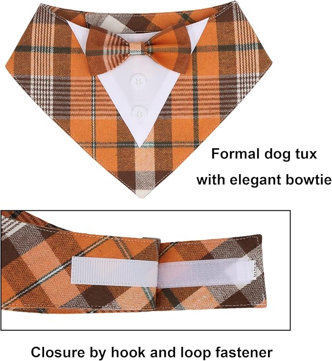 ADOGGYGO Fall Dog Tuxedo Bandana, Orange Plaid Pet Tux Collar with Bowtie, Adjustable Halloween Thanksgiving Formal Costume for Large and Extra Large Dogs Pets (XL)