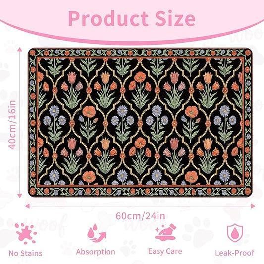 Pet Feeding Mat 24 x 16 Inch, Black Floral Pet Placemat Absorbent Quick-Dry for Food and Water, Waterproof Non Slip Rubber Bowl Pad Mat for Floors