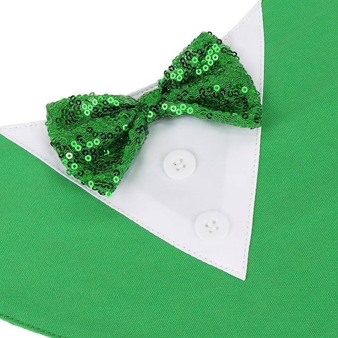 ADOGGYGO St.Patrick's Day Dog Tuxedo Bandana, Green Pet Tux Collar with Bowtie Adjustable St Patricks Costume for Small Dogs Pets (S)