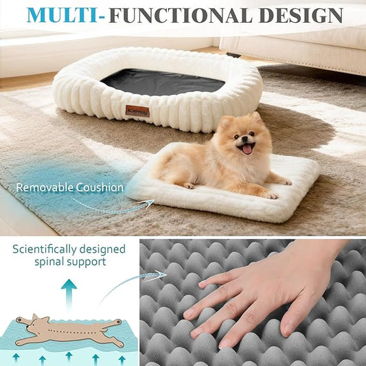 Dog Bed Large Size Dogs Washable Soft Furry Pet Bed, Calming Rectangle Large Dog Bed with Removable Cover & Anti-Slip Bottom, Orthopedic Anti-Anxiety Pet Bed with Handle, 35x27x5inches, Cream