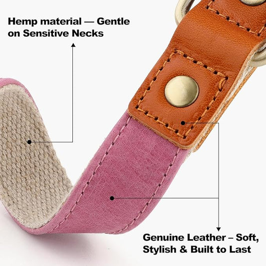 Plutus Pet Genuine Leather & Hemp Dog Collar – Adjustable Heavy Duty Pet Collar with Quick Release Metal Buckle, Soft & Stylish for Puppy and Small, Medium, Large Dogs (Pink, XS)
