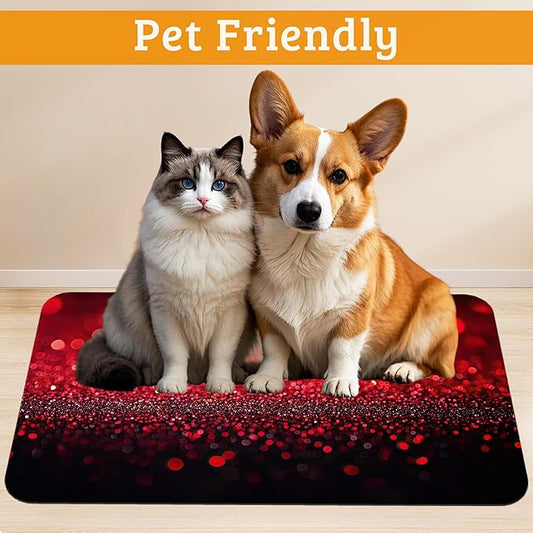 Red Gradienr Feeding Mat,Black Glitter Absorbent Quick-Dry Cat Dog Food and Water Bowl Mats,Non-Slip Rubber Backing Mat,Cat Dog Accessories Supplies 12" x 20"